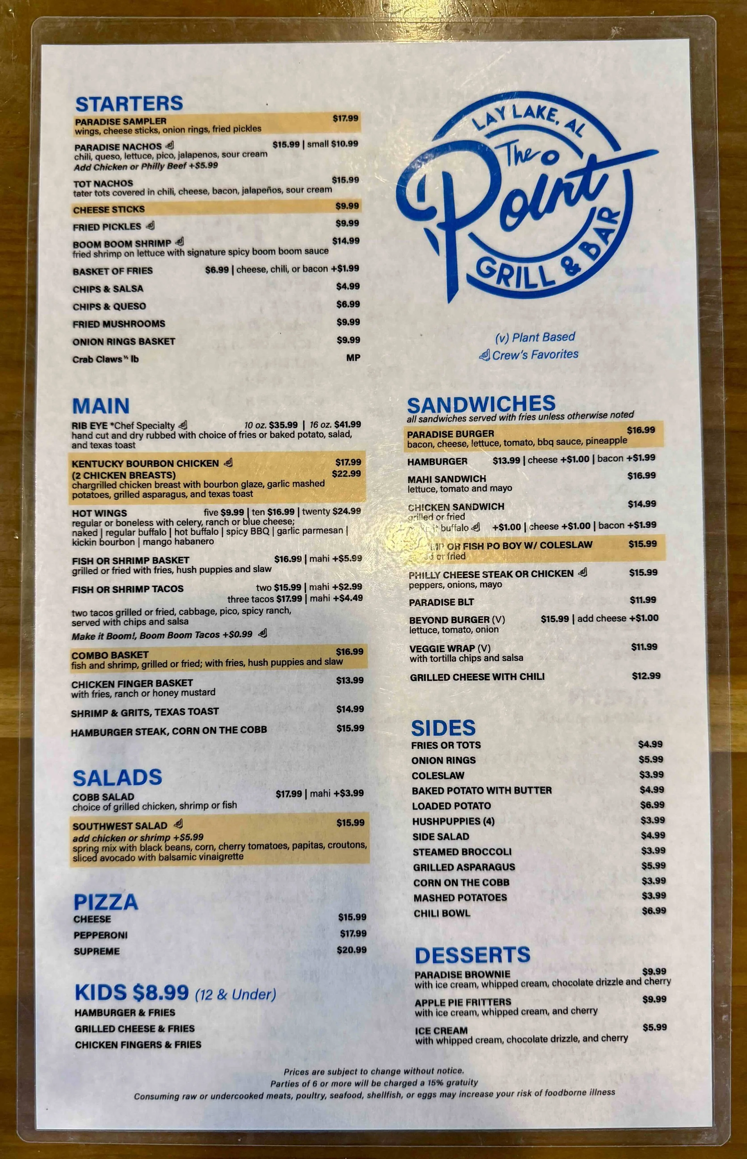 The Point Grill & Bar on Lay Lake, AL food menu.