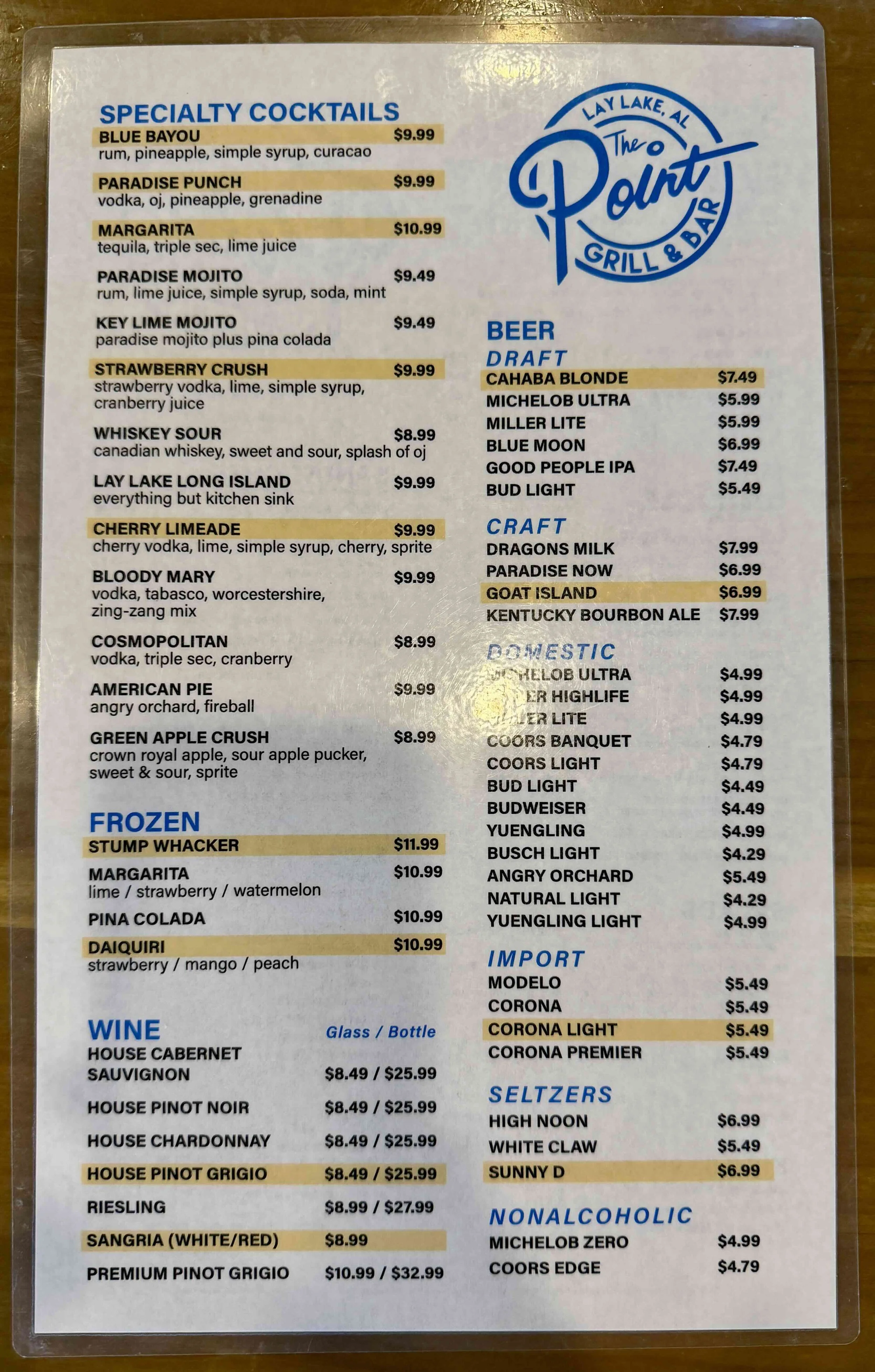 The Point Grill & Bar on Lay Lake, AL drink menu.
