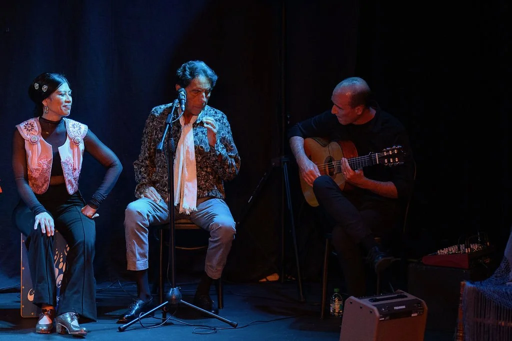 Three people on a stage: a woman with a vintage microphone, a man with gray hair and a scarf, and a man playing guitar.