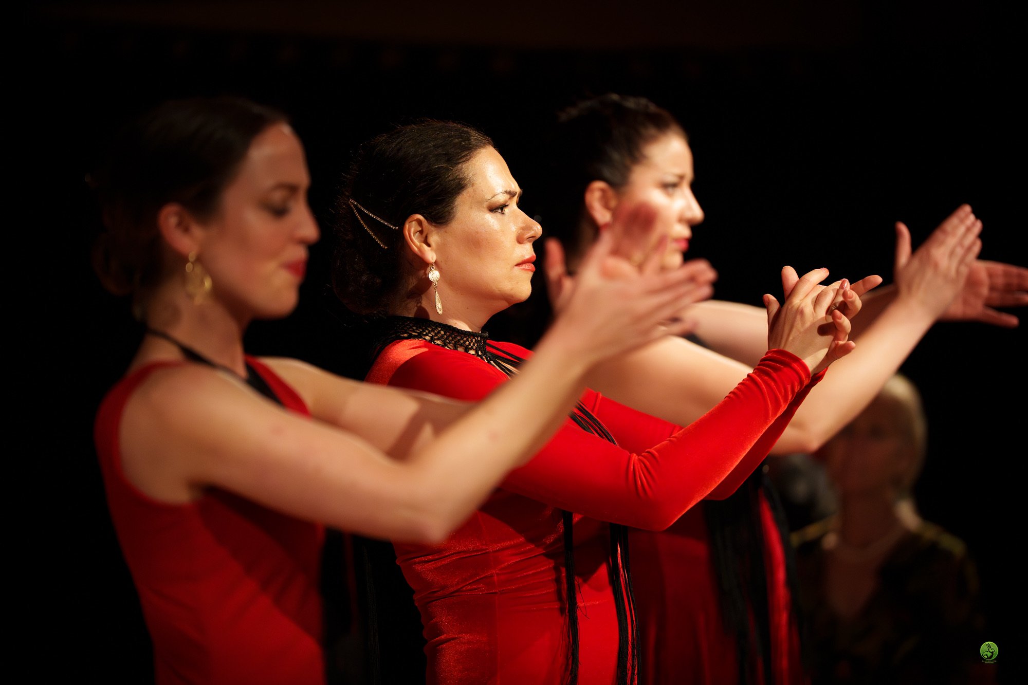Women dressed in red, dancing in a line, performing a synchronized hand gesture with focused expressions.