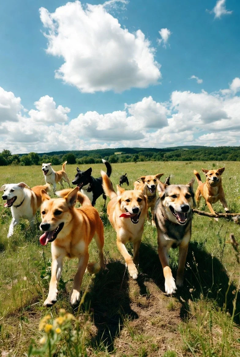 A group of mixed-breed dogs running through a grassy field under a blue sky with fluffy clouds.