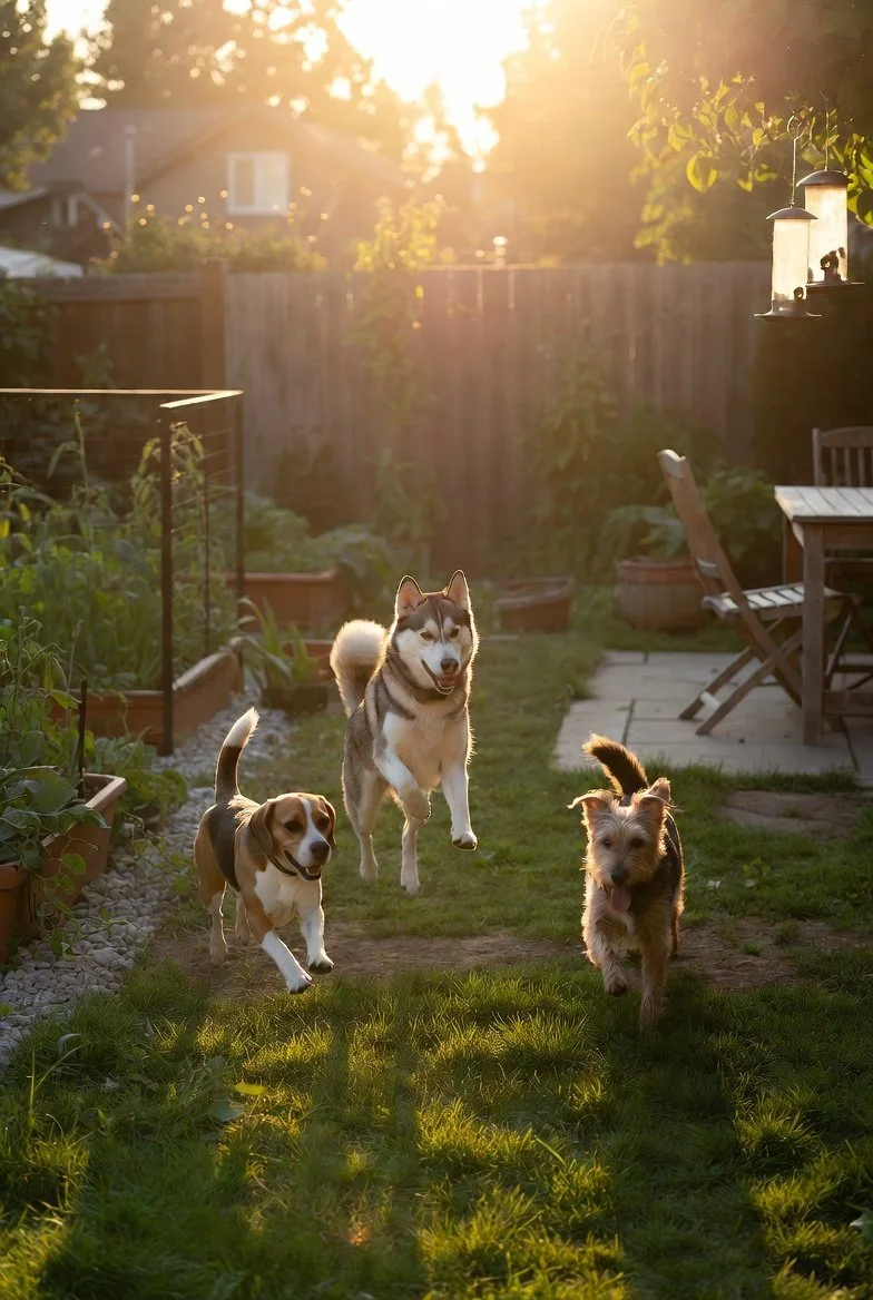 Three dogs playing in a backyard at sunset, with plants, garden furniture, and a wooden fence.