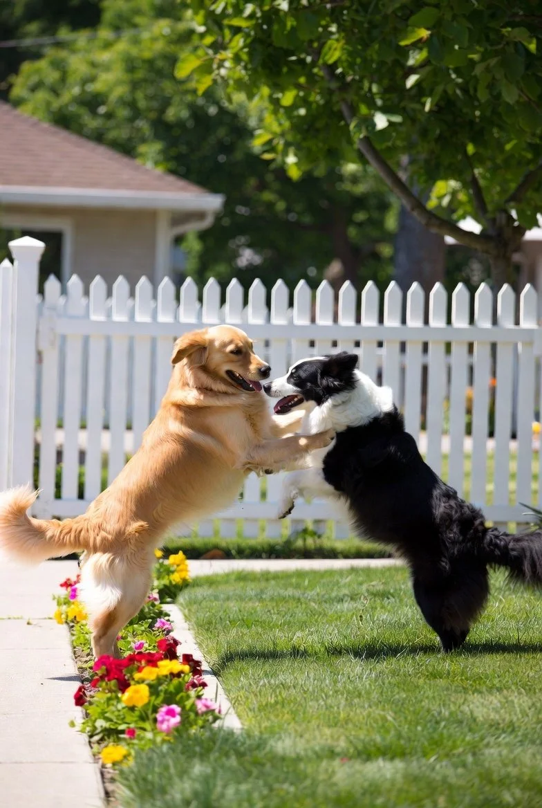 Two dogs playing together in a backyard, with a white picket fence, colorful flowers, green grass, and trees in the background.