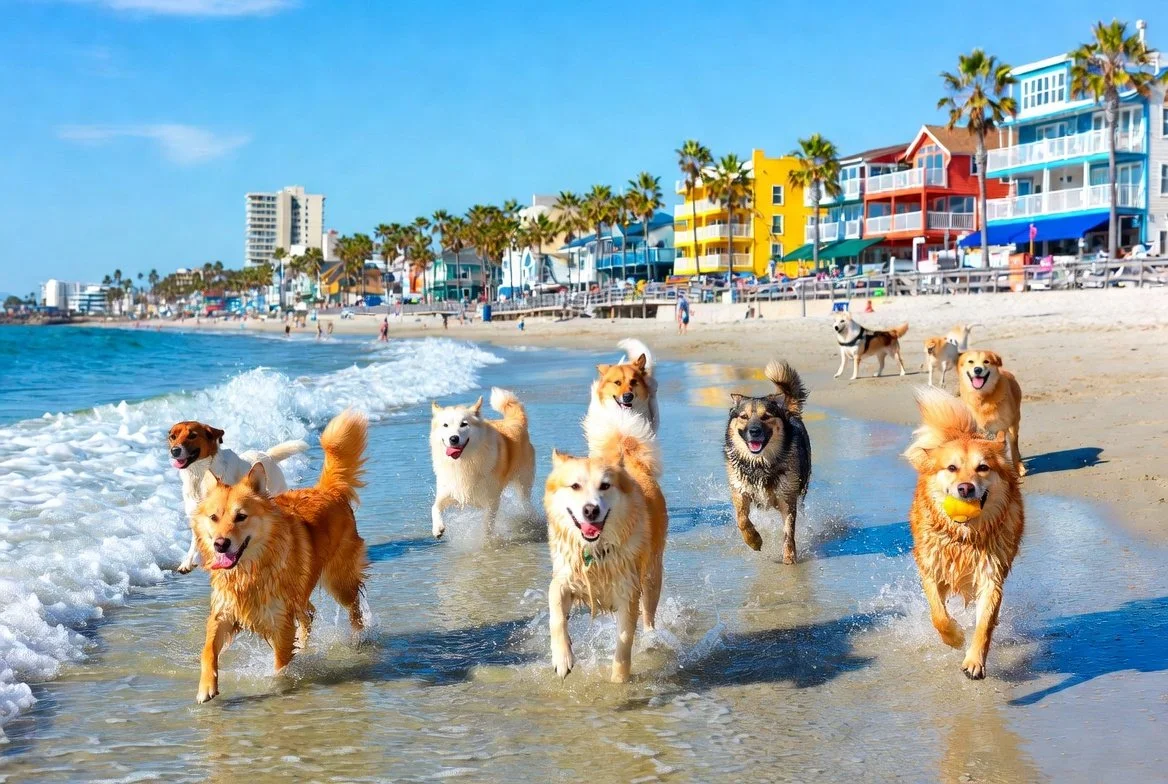Group of dogs playing at the beach with colorful houses and palm trees in the background.