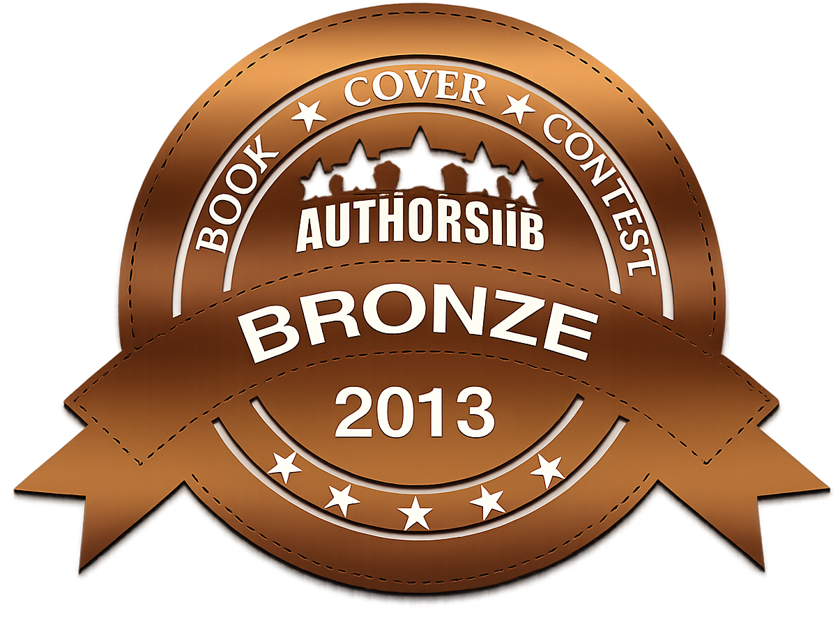 A bronze-colored badge with a ribbon at the bottom, indicating a bronze award for a 2013 author book cover contest.