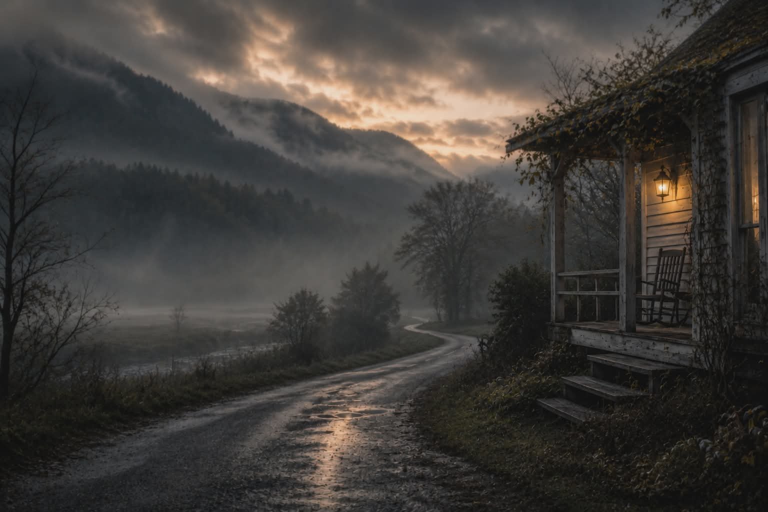 A foggy country scene at dusk with a winding gravel road, a mountain range in the background, and a weathered house with a lit porch lantern on the right.