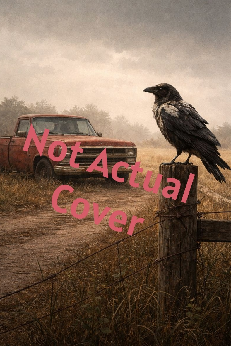 A rusted red pickup truck parked on a dirt road in a grassy field with a cloudy sky in the background. A large black bird, possibly a crow or raven, is perched on a wooden post with barbed wire. The text "Not Actual Cover" is overlaid across the image in pink letters.