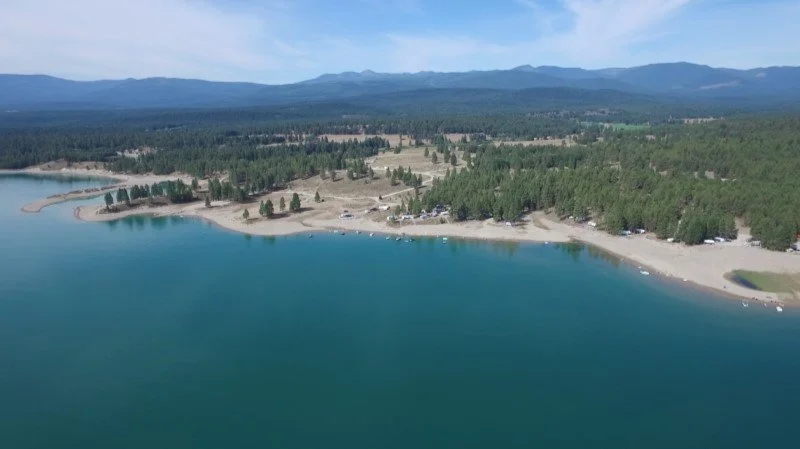Aerial view of a lake with a sandy shoreline, surrounded by dense green forest, with mountains in the background under a clear blue sky.