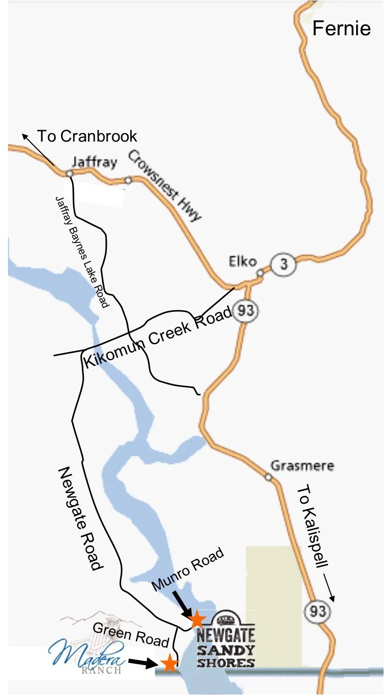 Map showing roads in the Newgate Sandy Shores area, including Munro Road, Green Road, and Newgate Road, with points of interest marked with stars. The map features lakes and highways, and labels towns such as Fernie, Elko, Grasmere, and Jaffray.