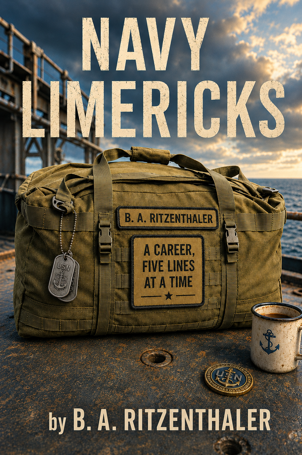 Book cover titled "Navy Limericks" by B. A. Ritzenthaler, featuring a military duffle bag with dog tags, a mug with an anchor symbol, and a Navy badge on a ship deck with a cloudy sky and ocean in the background.