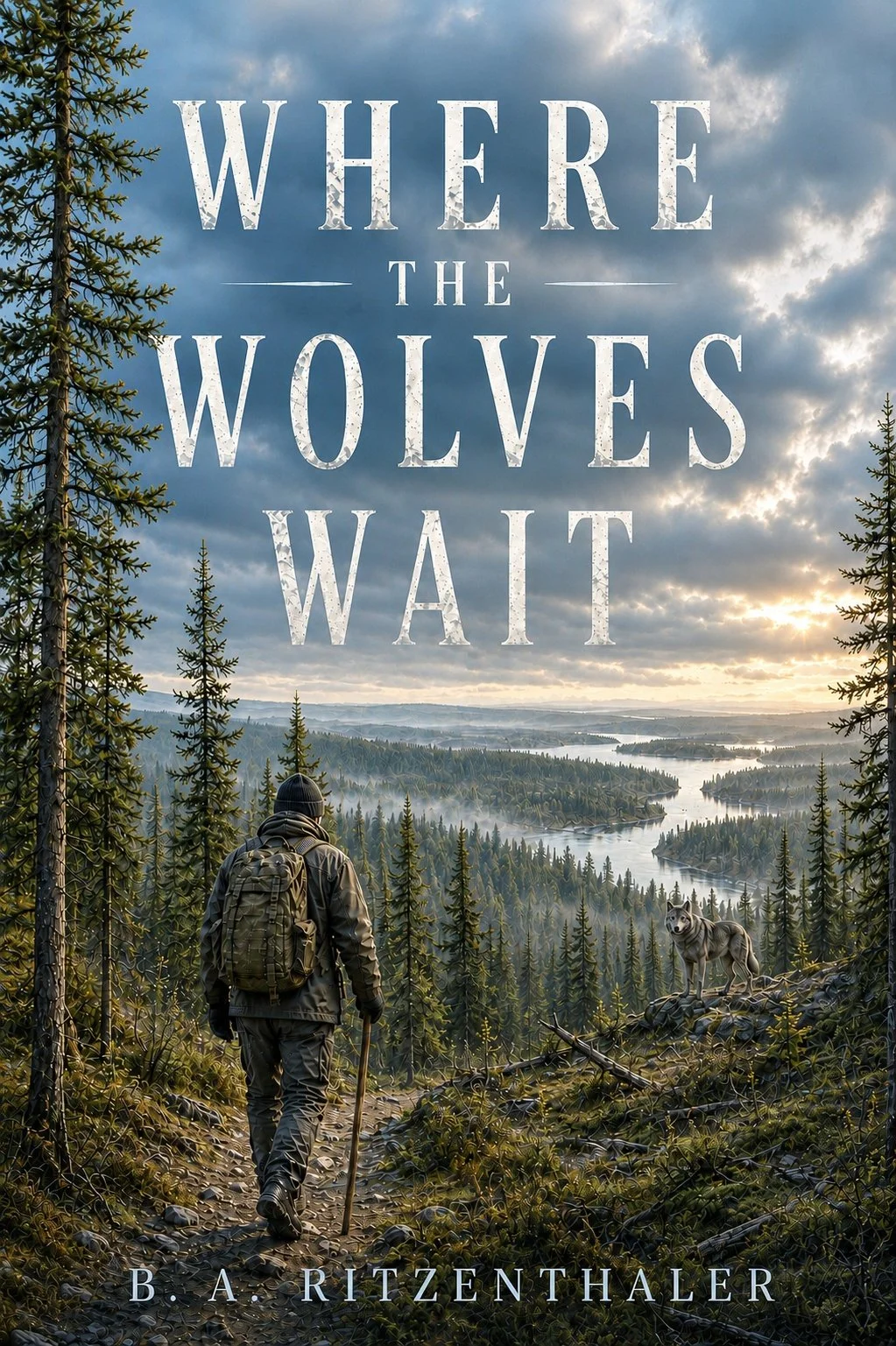 Book cover titled "Where the Wolves Wait" by B. A. Ritzenthaler features a man hiking through a dense forest with a backpack and walking stick, with a wolf standing nearby, overlooking a scenic landscape of lakes and forests under a cloudy sky at sunset.