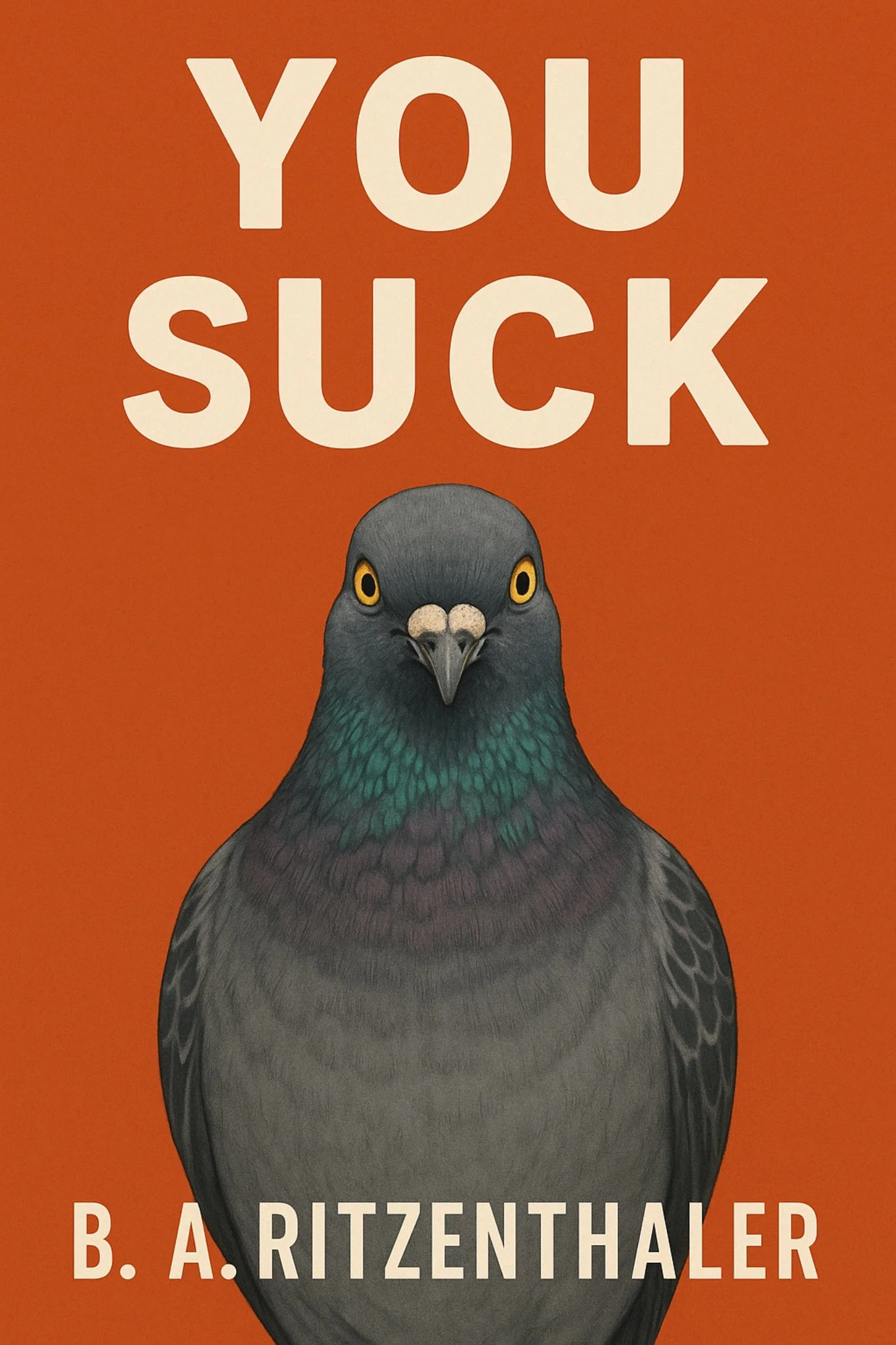 Cover of a book titled "You Suck" by B. A. RITZENTHALER, featuring a realistic illustration of a pigeon against an orange background.