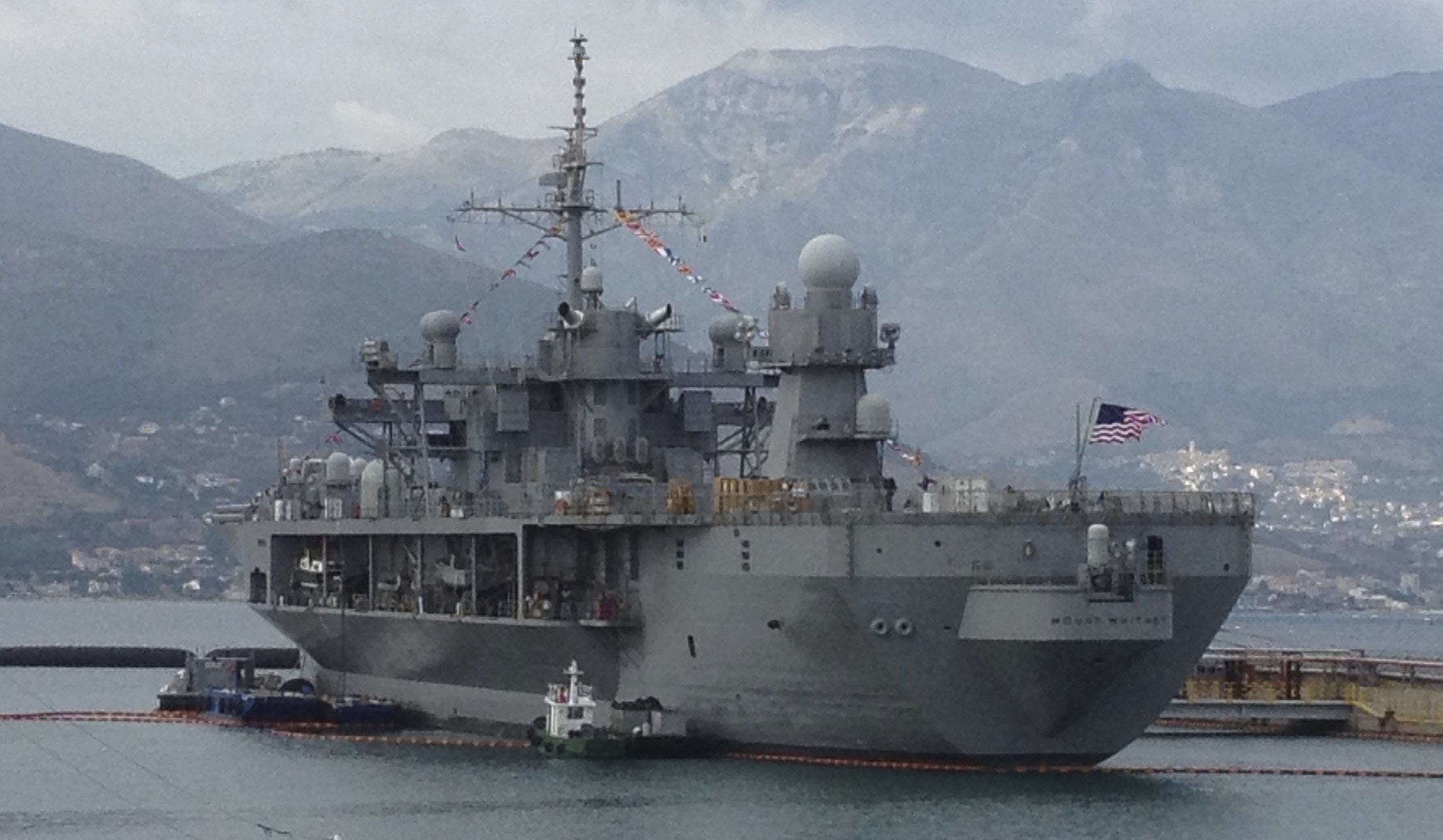 The mountains of Formia in the background. The USS Mount Whitney in Gaeta, Italy