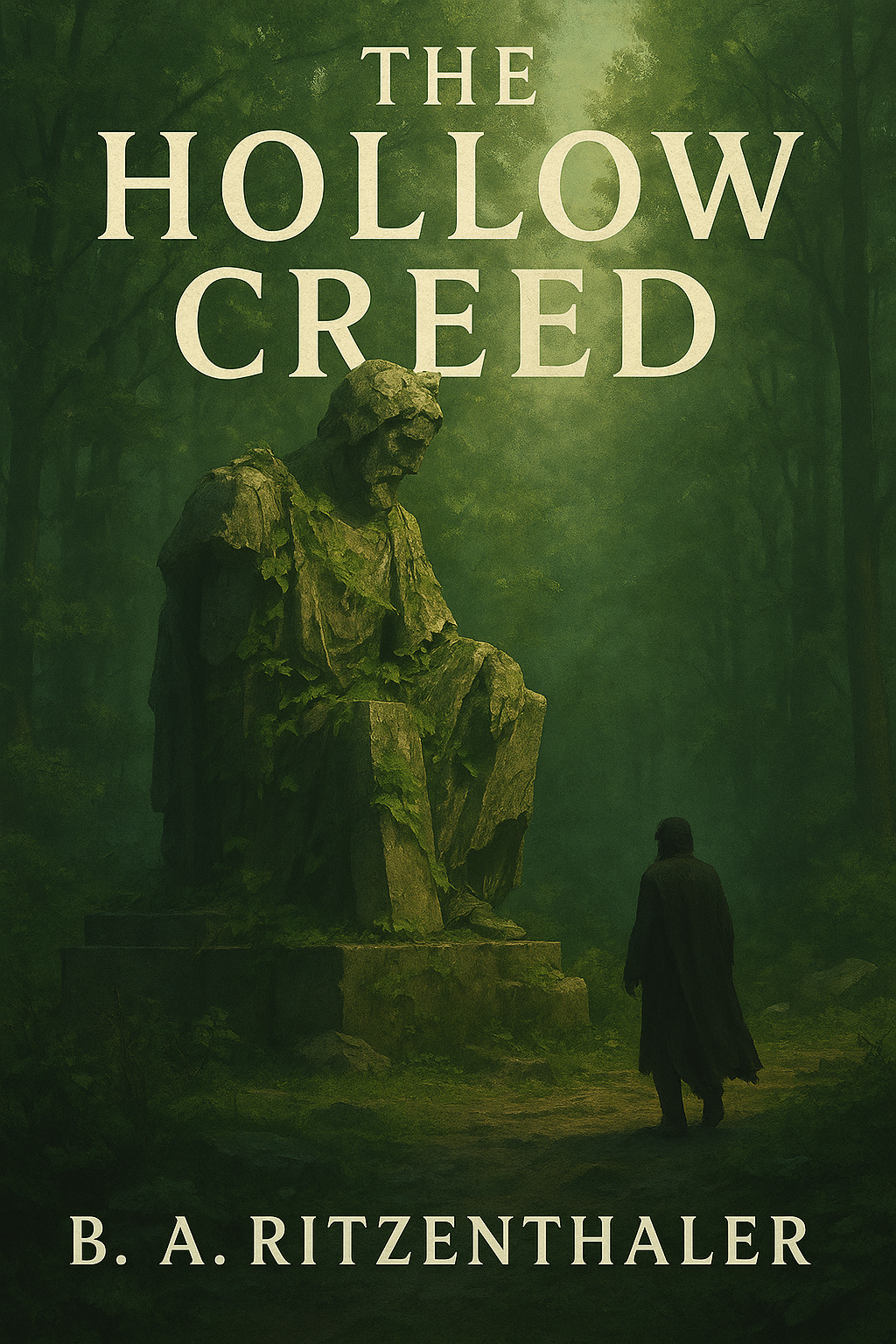 Book cover for 'The Hollow Creed' by B. A. Ritzenthaler. The cover depicts a large stone statue of a seated man in a forest, with a person in a dark coat walking towards the statue.