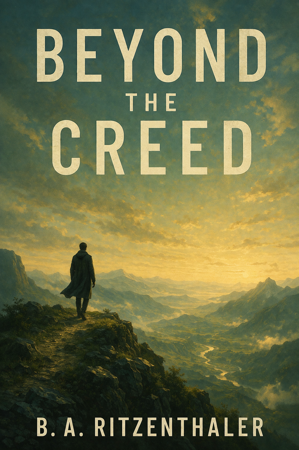 Book cover titled 'Beyond the Creed' by B. A. Ritzenthaler, depicting a person walking along a rocky mountain trail overlooking a vast, scenic valley at sunset.