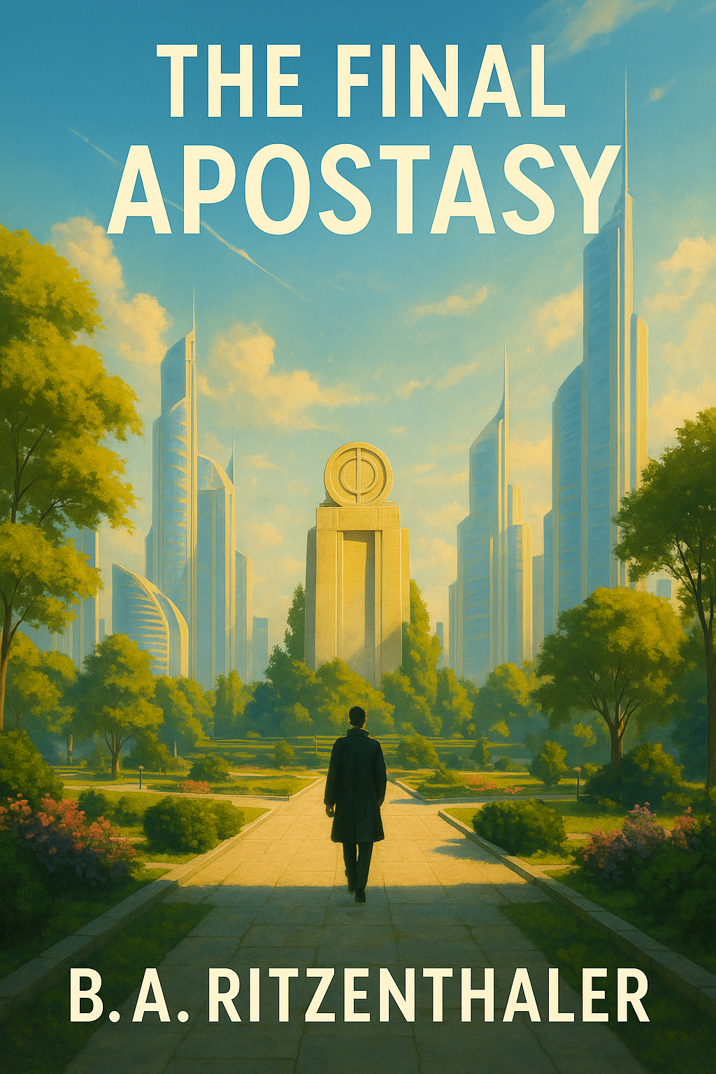 Book cover titled 'The Final Apostasy' by B.A. Ritzenthaler. Features a man walking on a paved pathway in a park-like setting with trees and colorful bushes, leading toward a cityscape with tall, modern skyscrapers under a partly cloudy sky.
