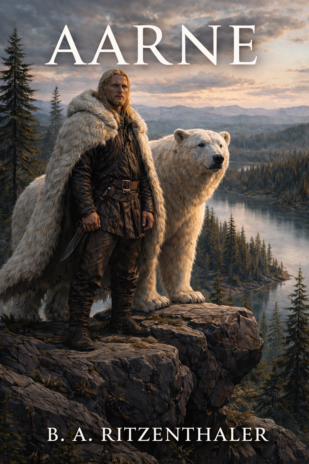 A man with long blonde hair wearing medieval clothing and a fur cloak stands on a rocky cliff edge alongside a large polar bear. They overlook a river and dense forest in a mountainous landscape at sunset.