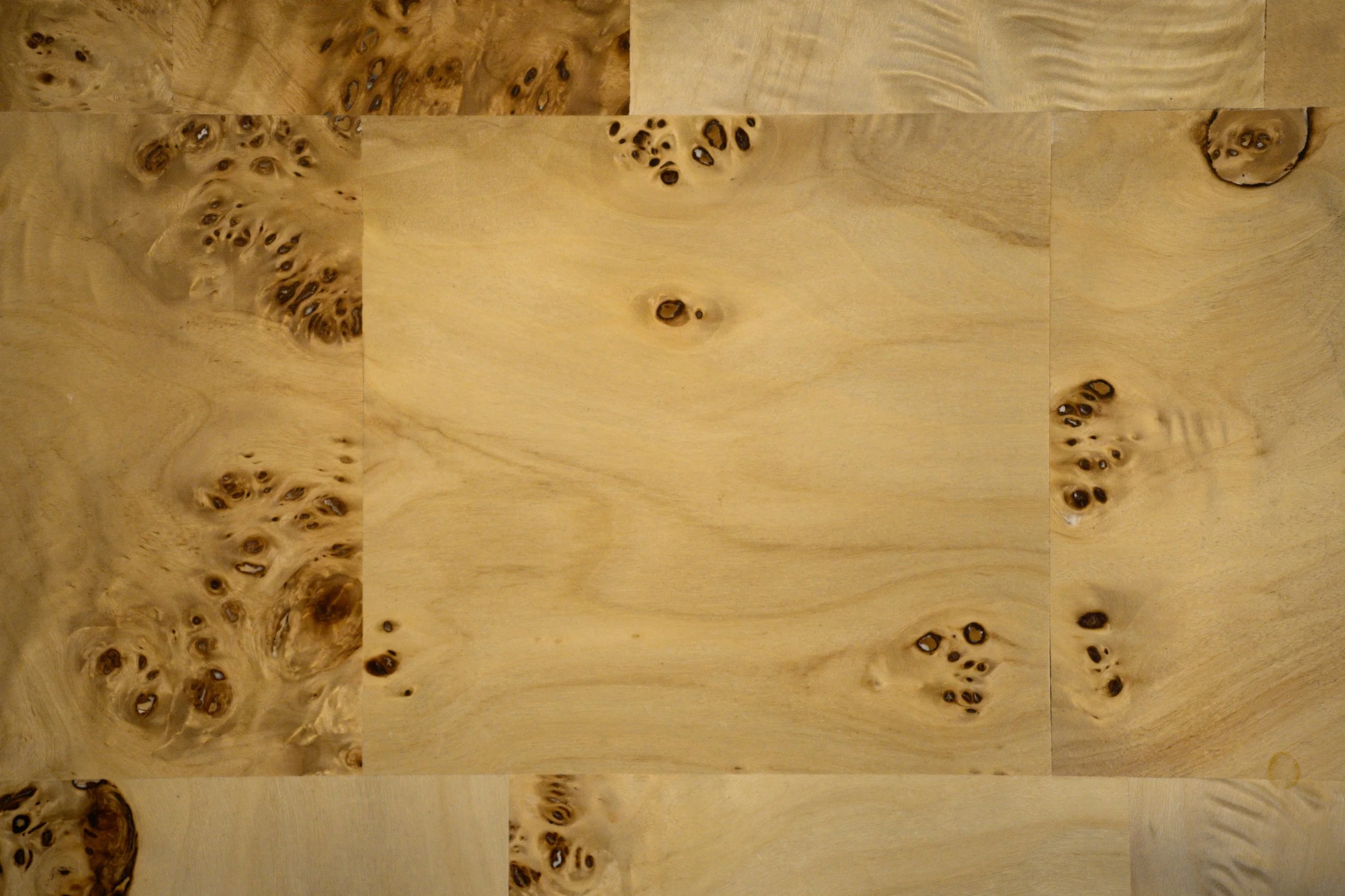 Close-up of a wooden surface with a natural grain pattern, knots, and burls.