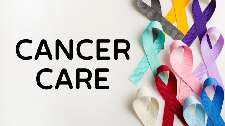 Colorful ribbons arranged on the right side of the image with the text "CANCER CARE" written on the left side.