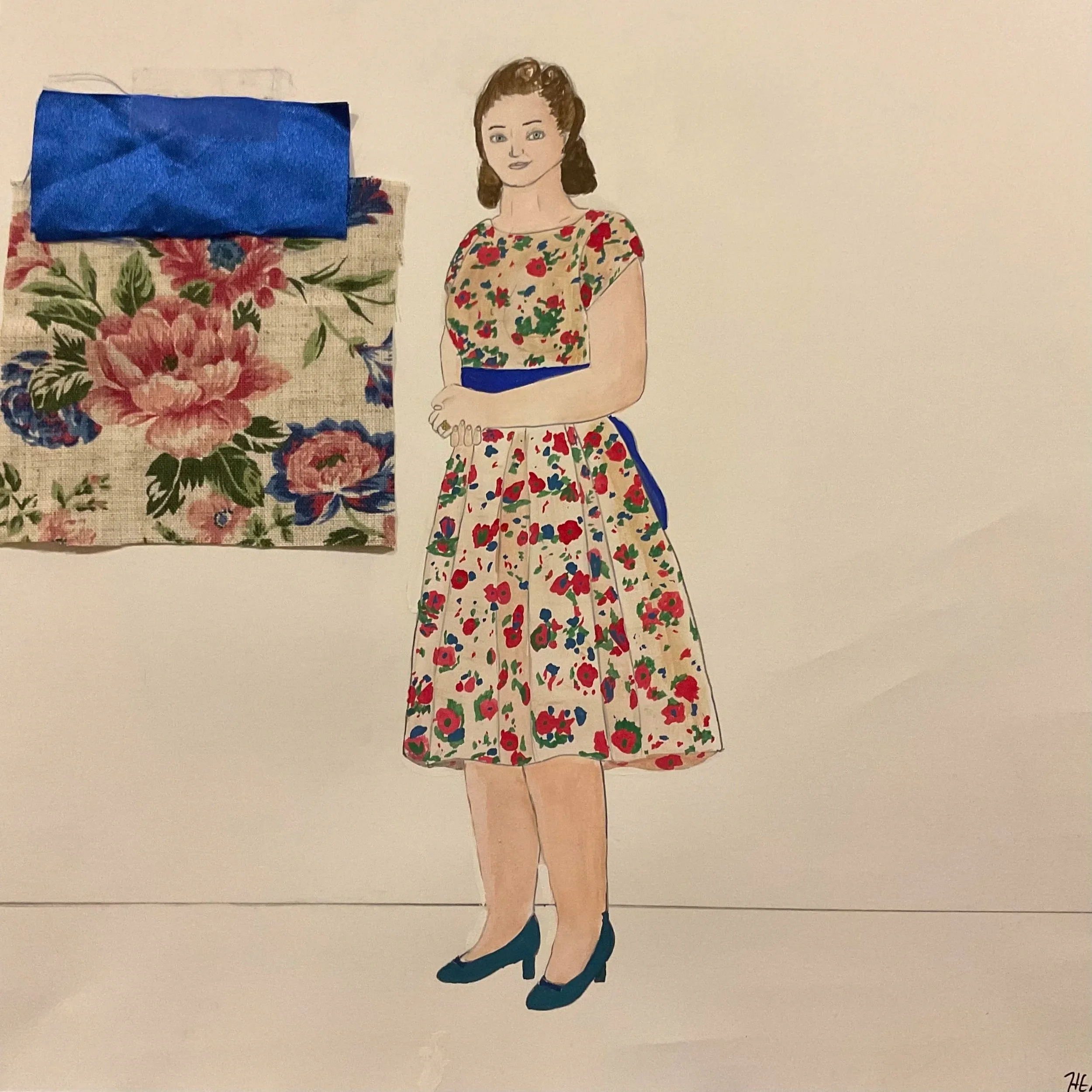 Drawn costume rendering with fabric swatches. A white woman holds her hands and smiles calmly at the viewer. She wears a beige, 1950s-style dress with pink flowers and a glossy blue sash.