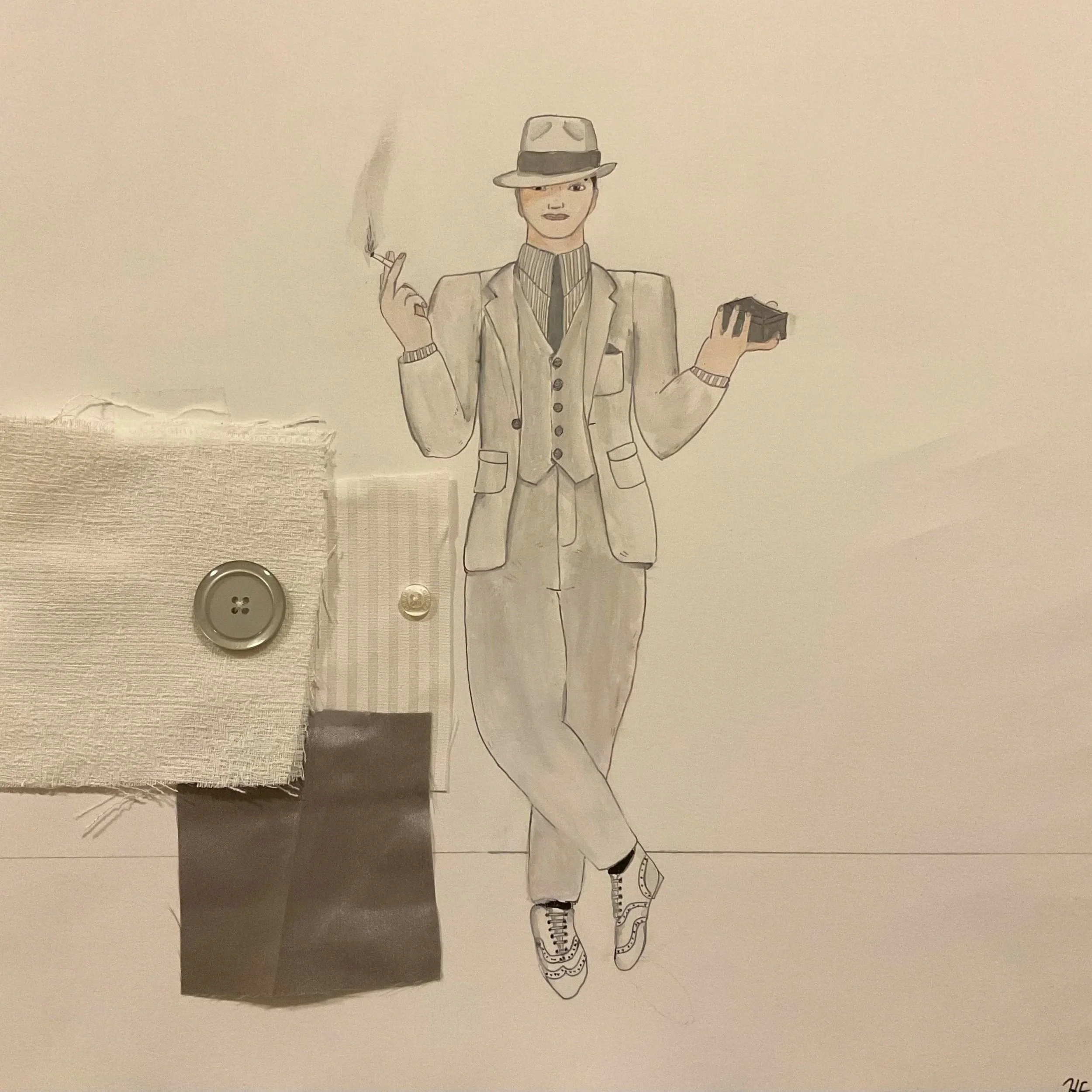Drawn costume rendering with fabric swatches. A white man in a white suit and white fedora stands with his feet crossed. He has a cigarette in one hand and a small silver case in the other.
