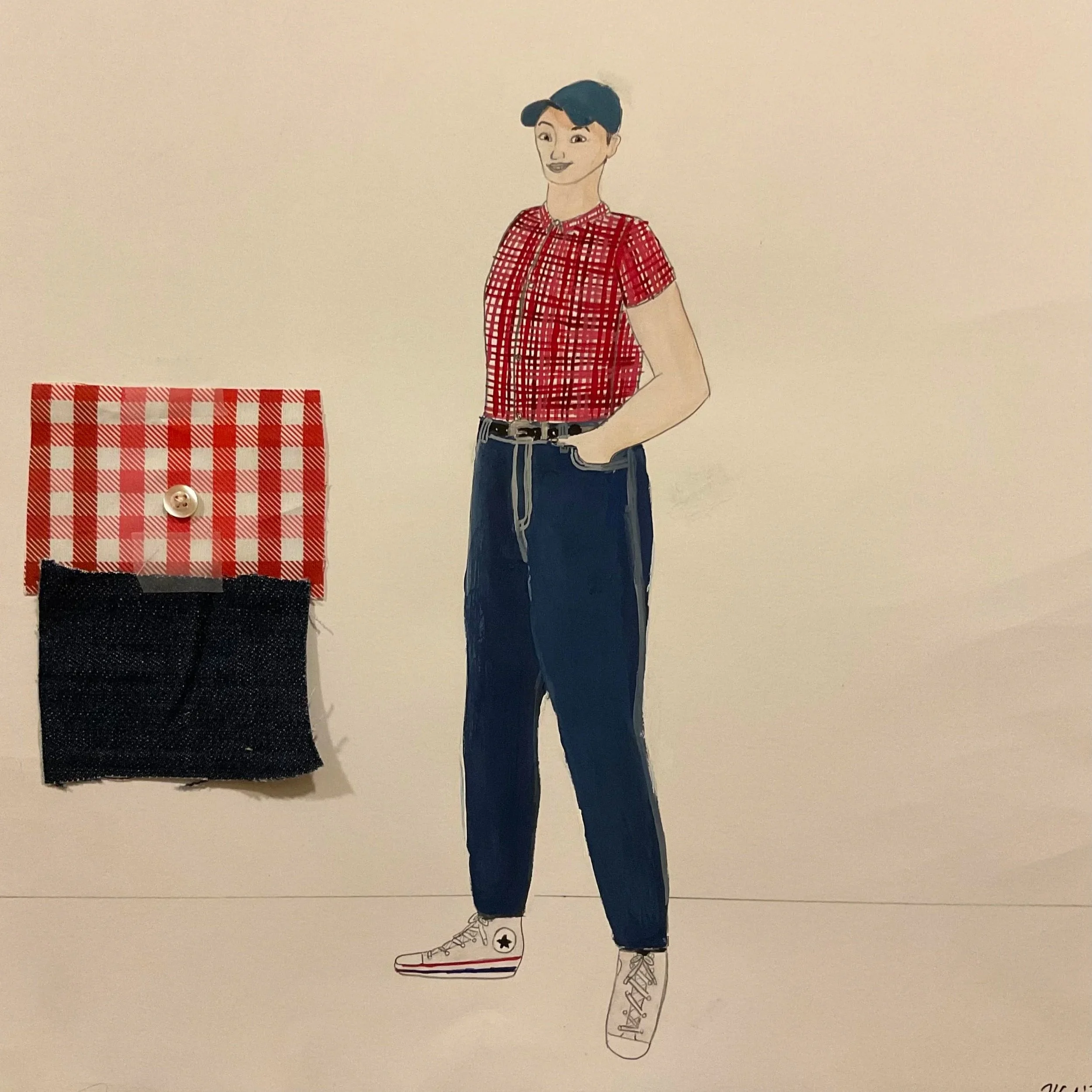 Drawn costume rendering with fabric swatches. A young white boy in a red checkered shirt, blue baseball cap, jeans, and white Converse looks happily at the viewer with his hands in his pockets.