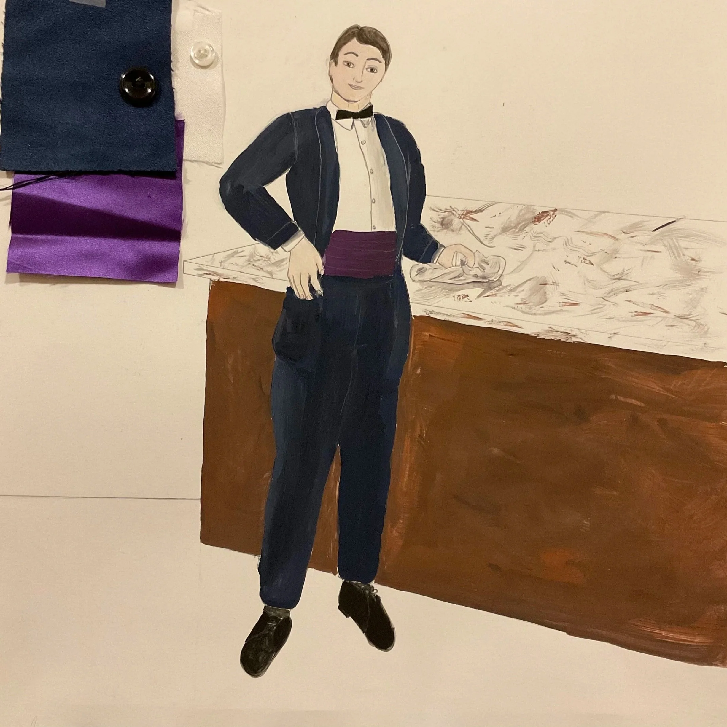 Drawn costume rendering with fabric swatches. A white man wipes off a marble countertop, wearing a 1950s-style blue suit and purple cummerbund. He smiles charmingly at the viewer, with his hand on his hip.