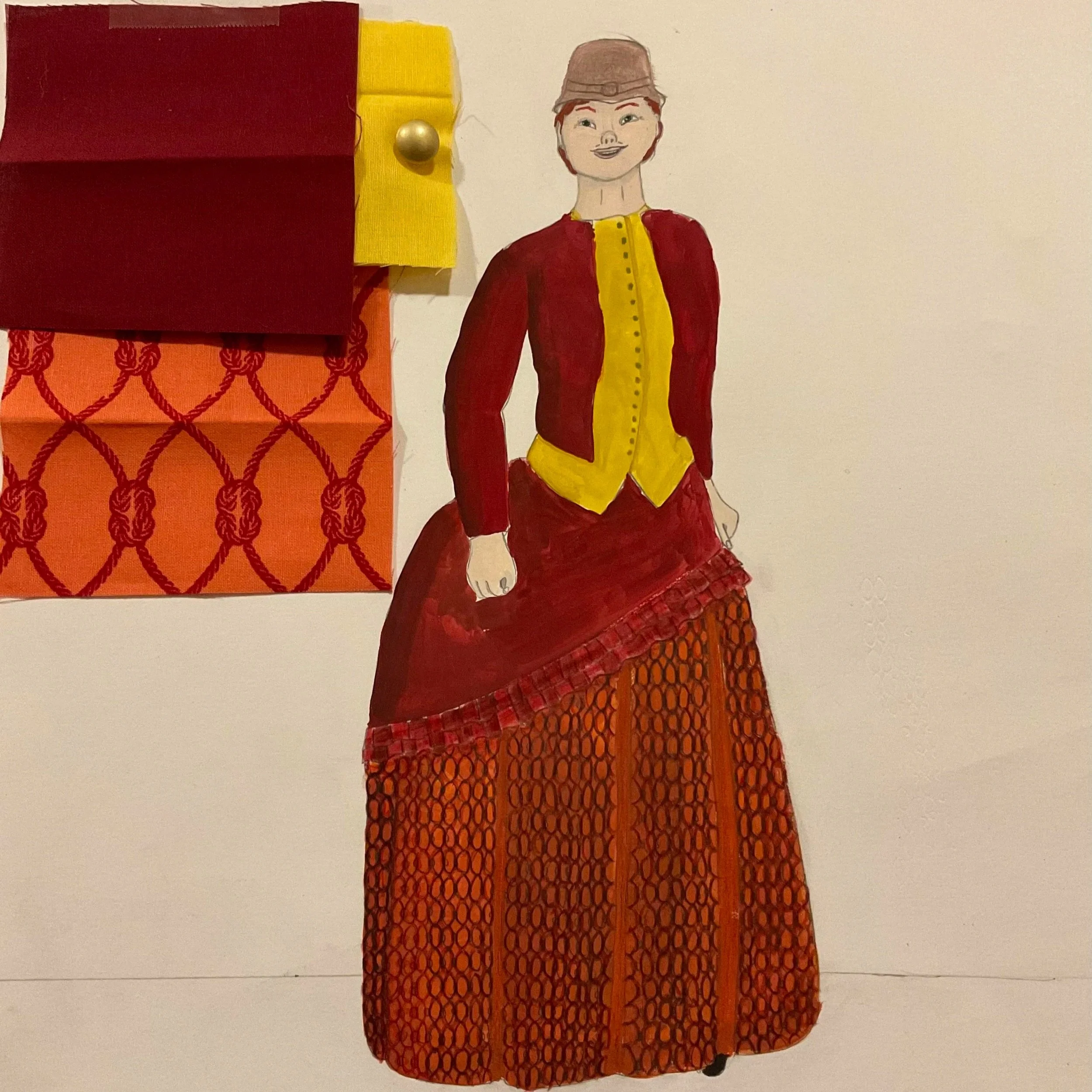Drawn costume rendering with fabric swatches. A white woman looks excitedly off into the distance with clenched fists. She wears an 1880s-style red-and-orange gown, a yellow bodice, and a beige safari hat.