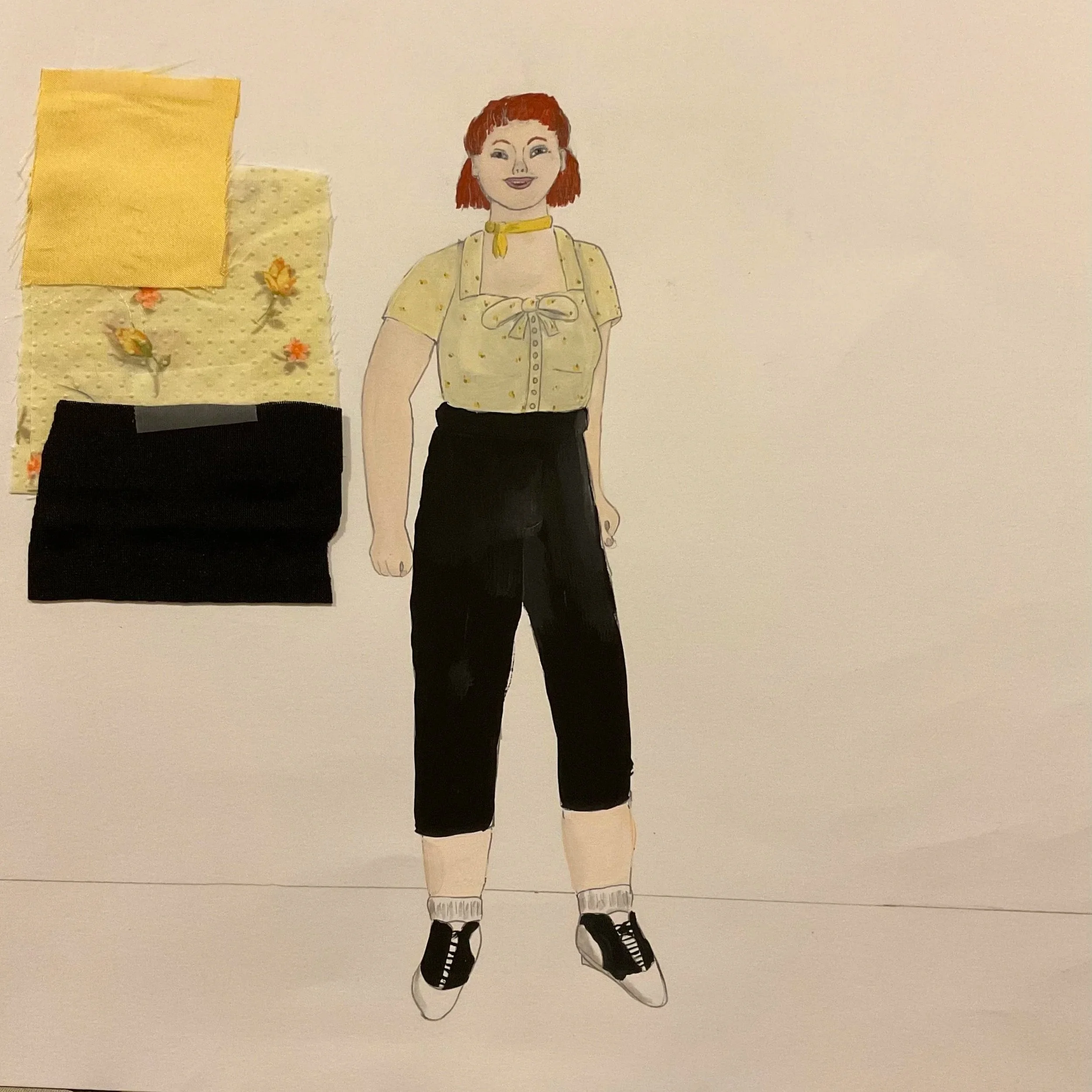 Drawn costume rendering with fabric swatches. A white woman looks excitedly off into the distance with clenched fists. She wears a 1950s-style flowered yellow blouse, a gold neck sash, black motorcycle pants, and bowling shoes.