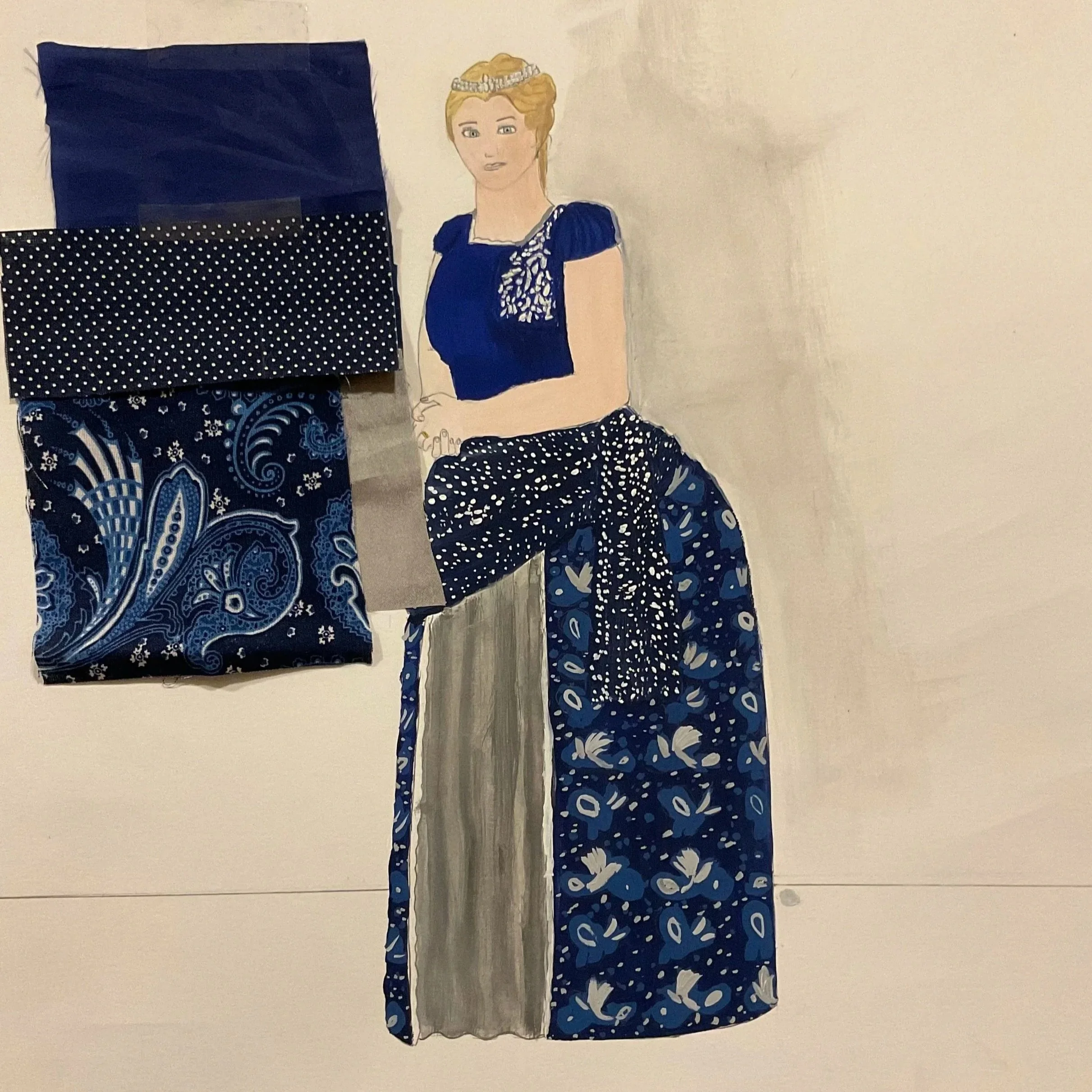 Drawn costume rendering with fabric swatches. A white woman in a yellow wig holds her hands and looks sternly at the viewer. She wears a deep blue, jeweled 1880s-style gown and sash.