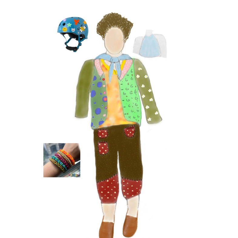 Digital costume rendering. A young boy with curly hair wears homemade clothing: a green patterned coat with mismatched sleeves, an orange tie-dye shirt, a blue cape, and brown pants with big red patches and messy stitchwork.