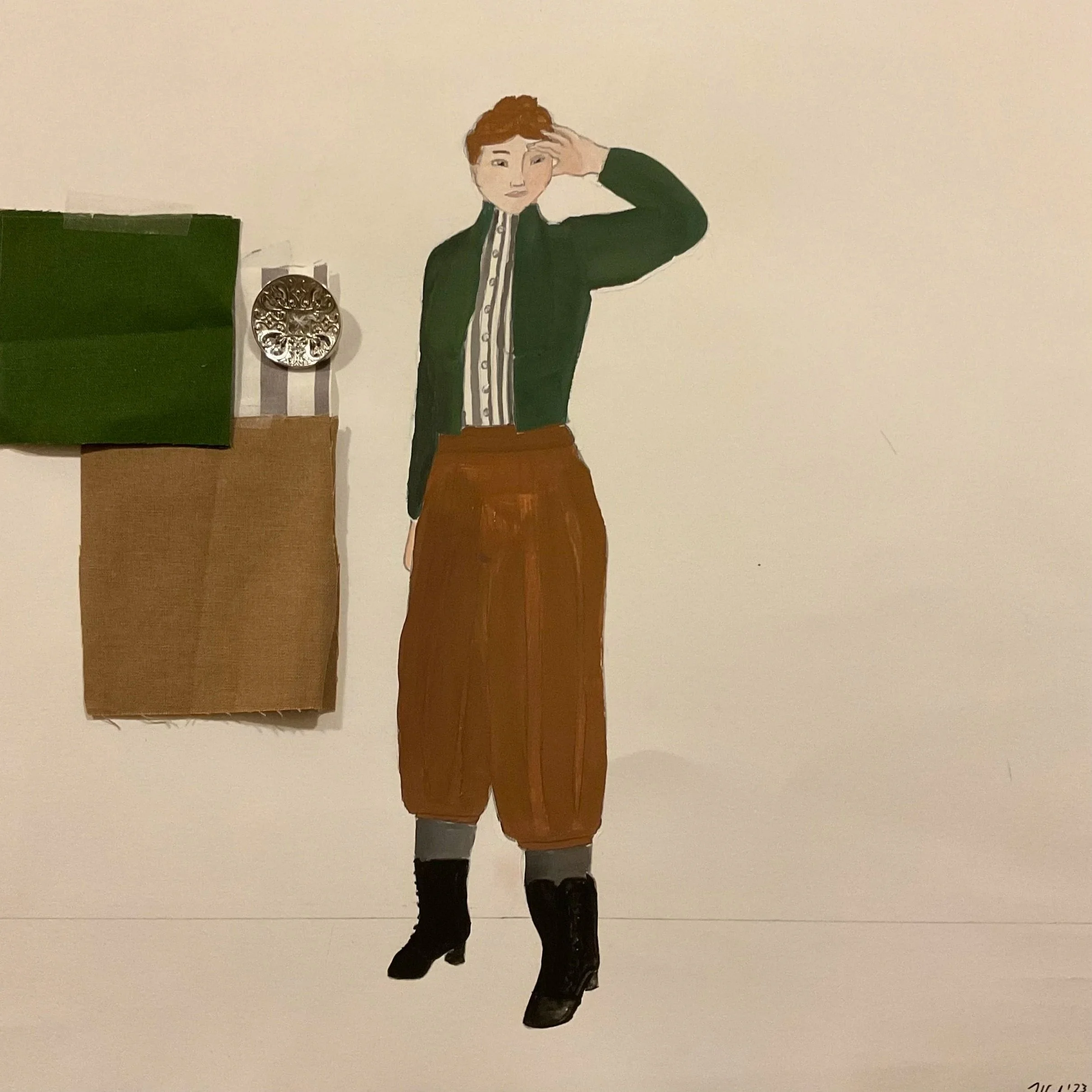 Drawn costume rendering with fabric swatches. A white woman holds her hand to her eyebrow and looks into the distance. She wears an 1880s-style green jacket and grey striped bodice, brown flowy trousers, and black boots.