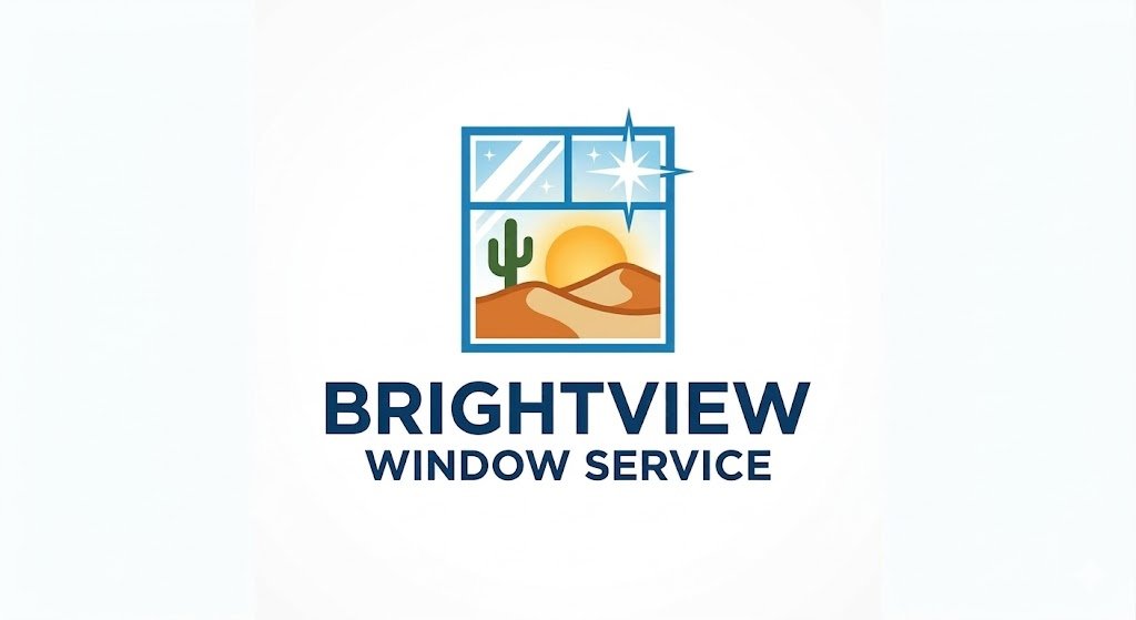 Logo for Brightview Window Service featuring a desert landscape with a cactus, sand dunes, and a setting sun, with a window above and a star in the sky.