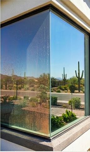 Corner of a glass building reflecting desert landscape with cacti and greenery.