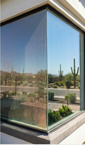 Reflection of desert landscape with cactus in a corner glass window of a building.