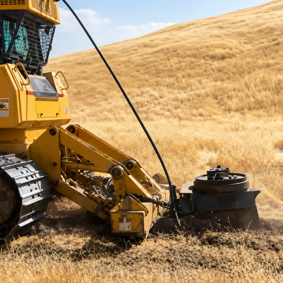 A yellow bulldozer grading dry, grassy land on a hill under a blue sky with some clouds.