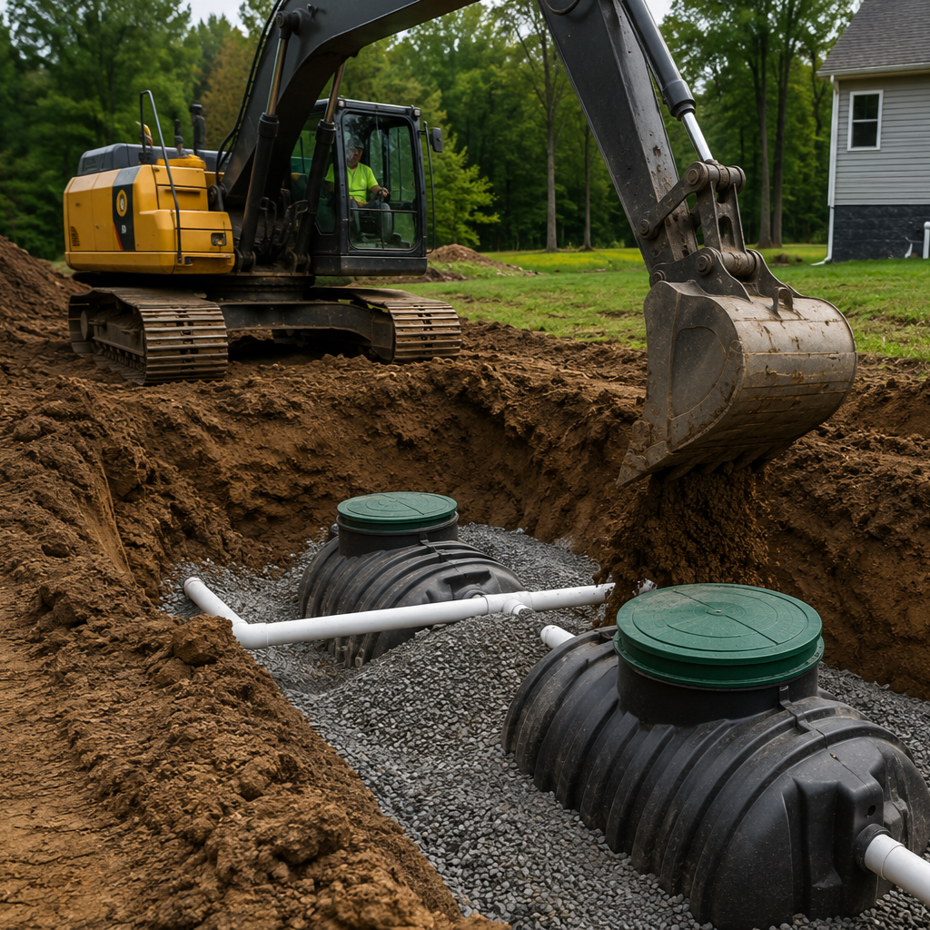 A construction worker operating an excavator digging a trench for underground septic tanks in a residential yard, with a house and trees in the background.