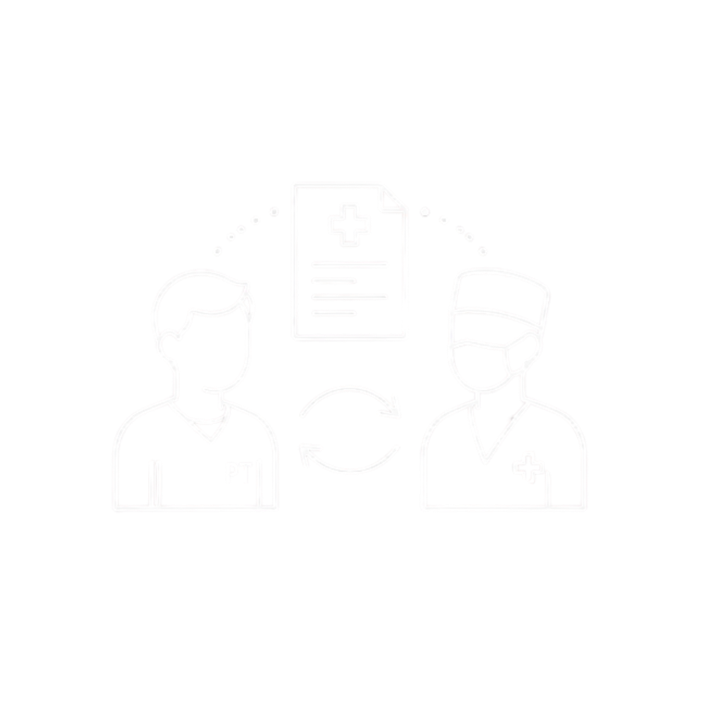 Illustration of a physical therapist and a healthcare professional exchanging patient information, with a medical chart and arrows indicating communication.