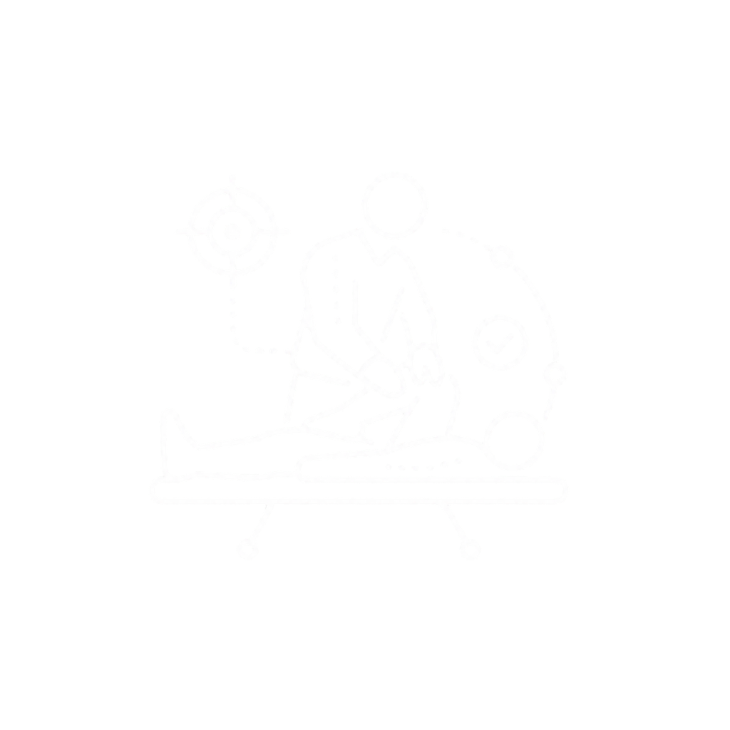 Line drawing of a person on a hospital stretcher, connecting to target and checkmark icons, symbolizing healthcare and diagnostics.