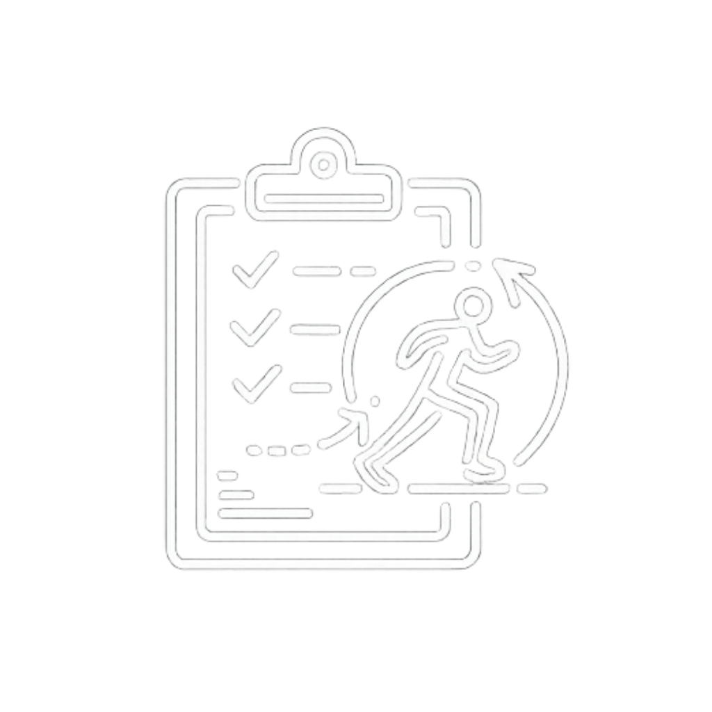 Neon sign of a clipboard with checkmarks, a calendar, and a running person inside a circular arrow