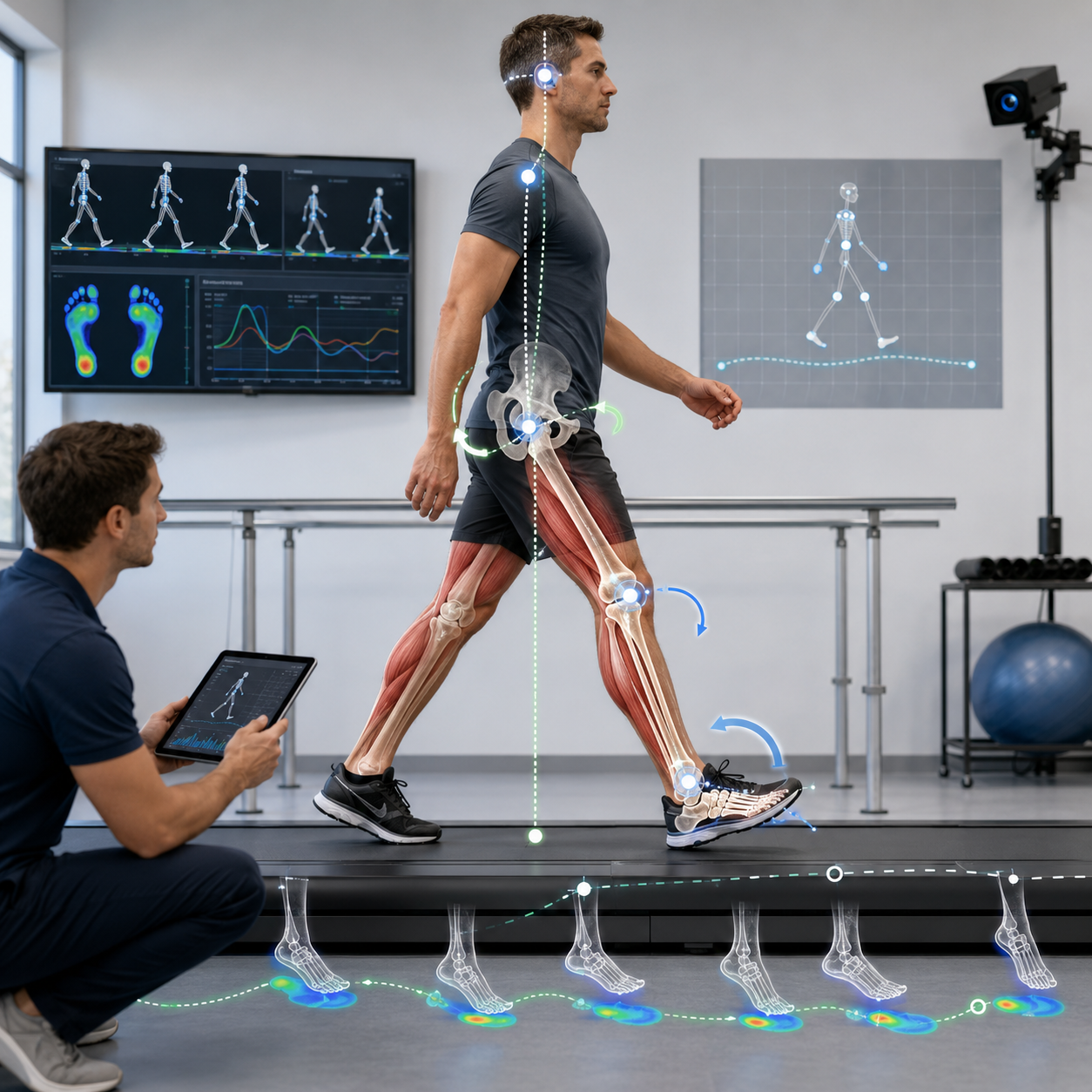 A man walking on a treadmill at Nee's PT with digital overlays showing muscles, joints, and motion analysis