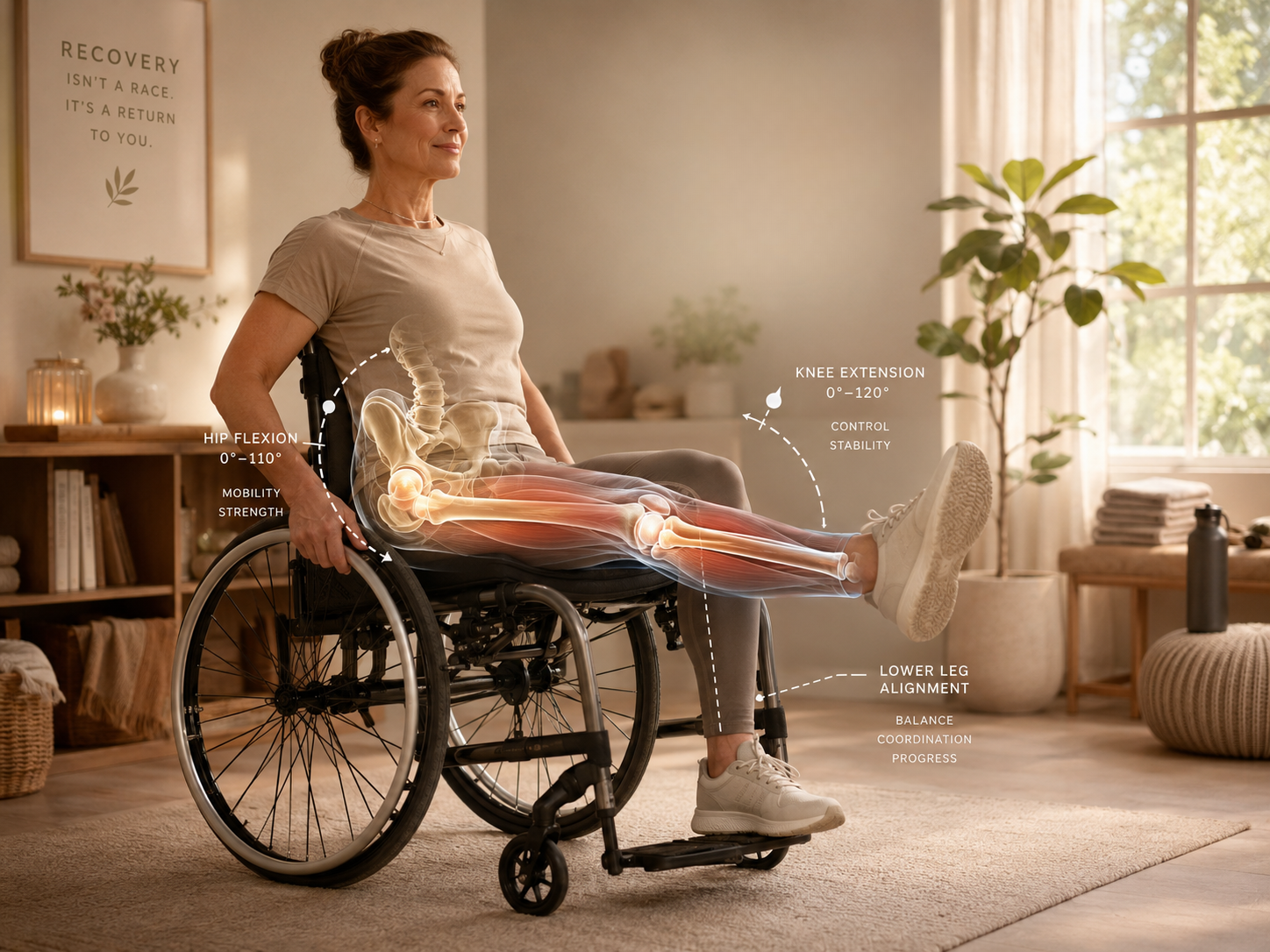 Woman in a wheelchair performing leg exercises with anatomical overlay showing muscle groups and movements, including hip flexion, knee extension, and lower leg alignment.