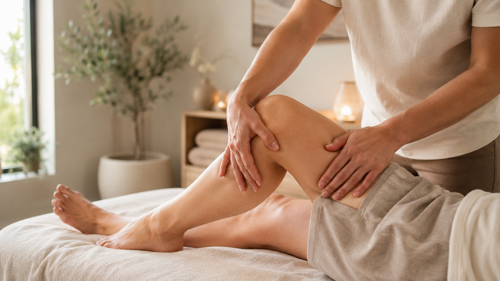 Physical therapist providing a leg massage to a client lying face down on a massage table