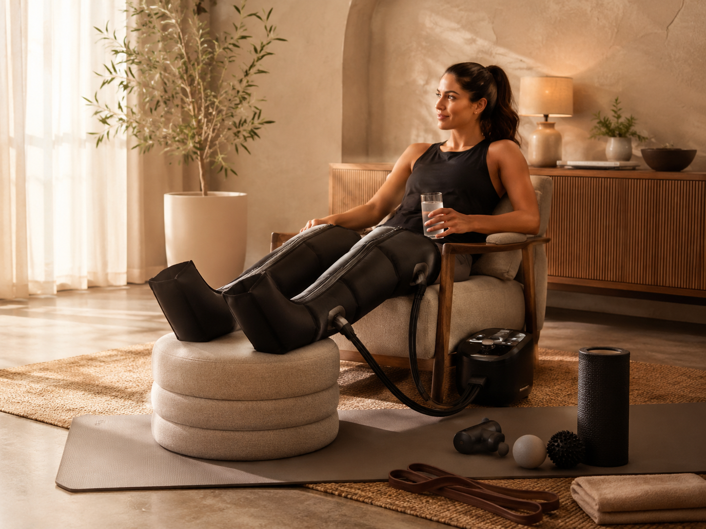 Woman sitting on a chair with legs in a compression therapy device, holding a glass of water, in a cozy living room with natural light.