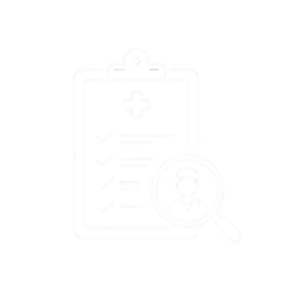 Illustration of a medical clipboard with checkmarks, a magnifying glass with a person's icon, and a pink and purple background.