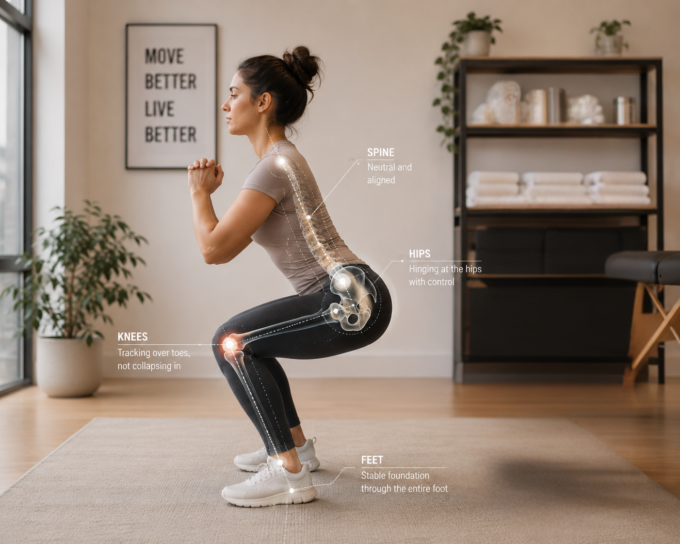 A woman in a yoga pose with overlayed diagram showing spinal alignment, hip control, knee tracking, and foot stability during a squat exercise in a home gym setting.