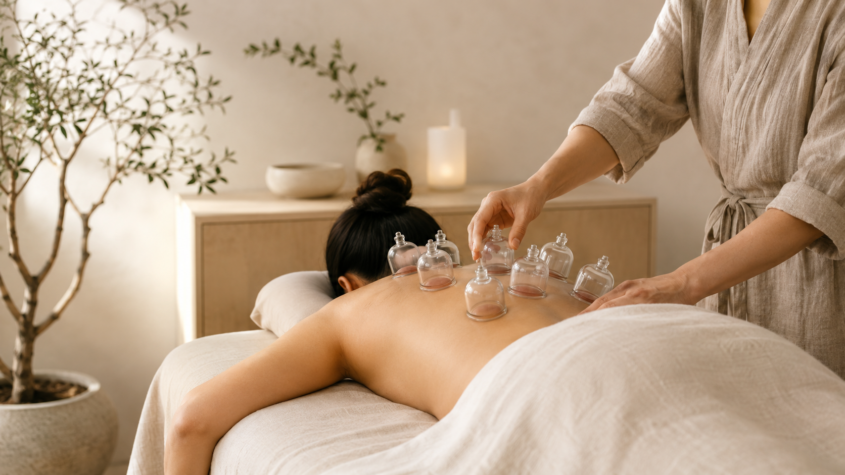 A woman receiving a cupping therapy treatment on her back in a spa or massage room, with a therapist at Nee's Physical Therapy Hoboken placing glass cups on her skin.