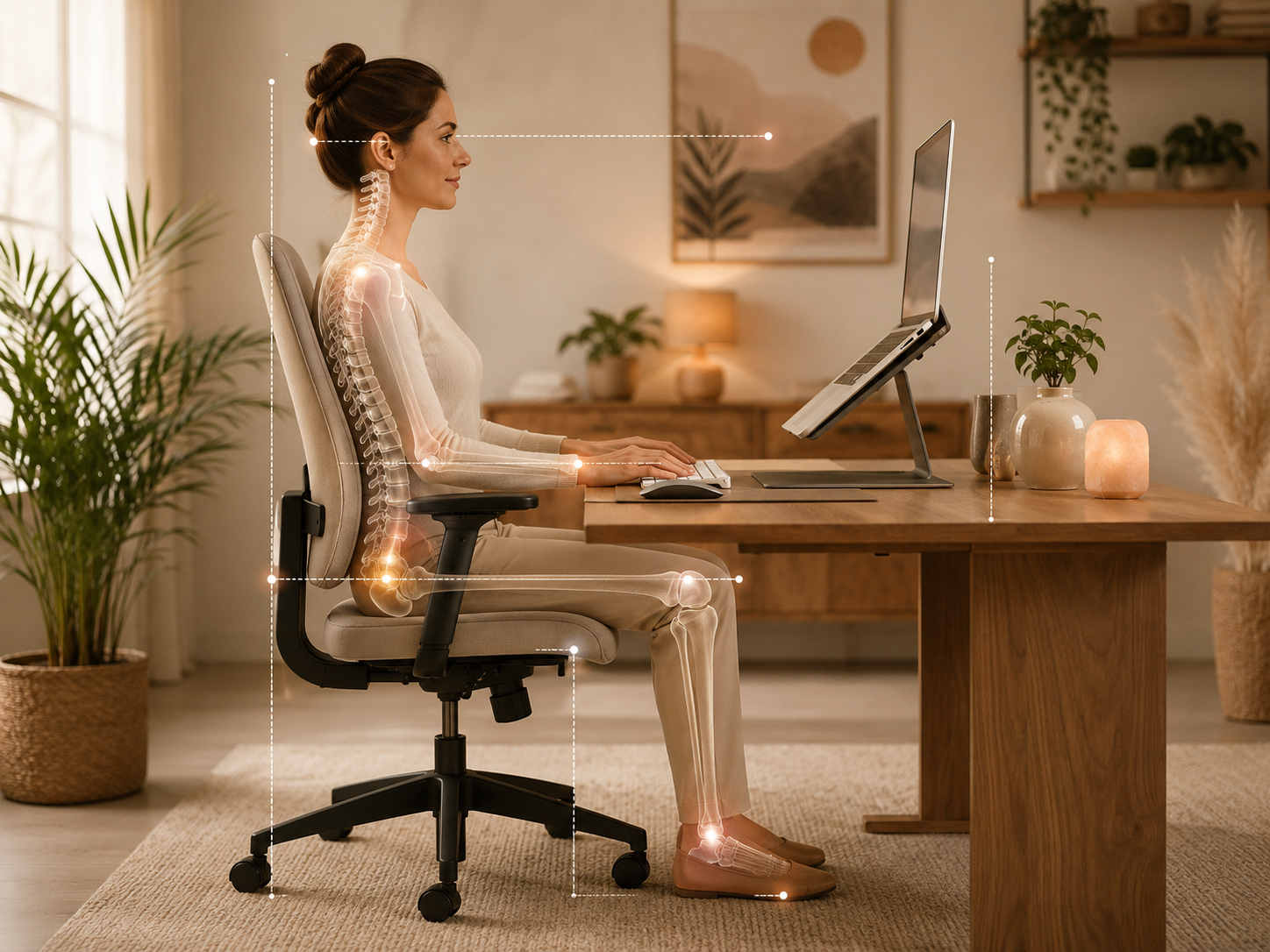 A woman sitting in an ergonomic office chair at a wooden desk, working on a computer and assessment being done at Nee's PT