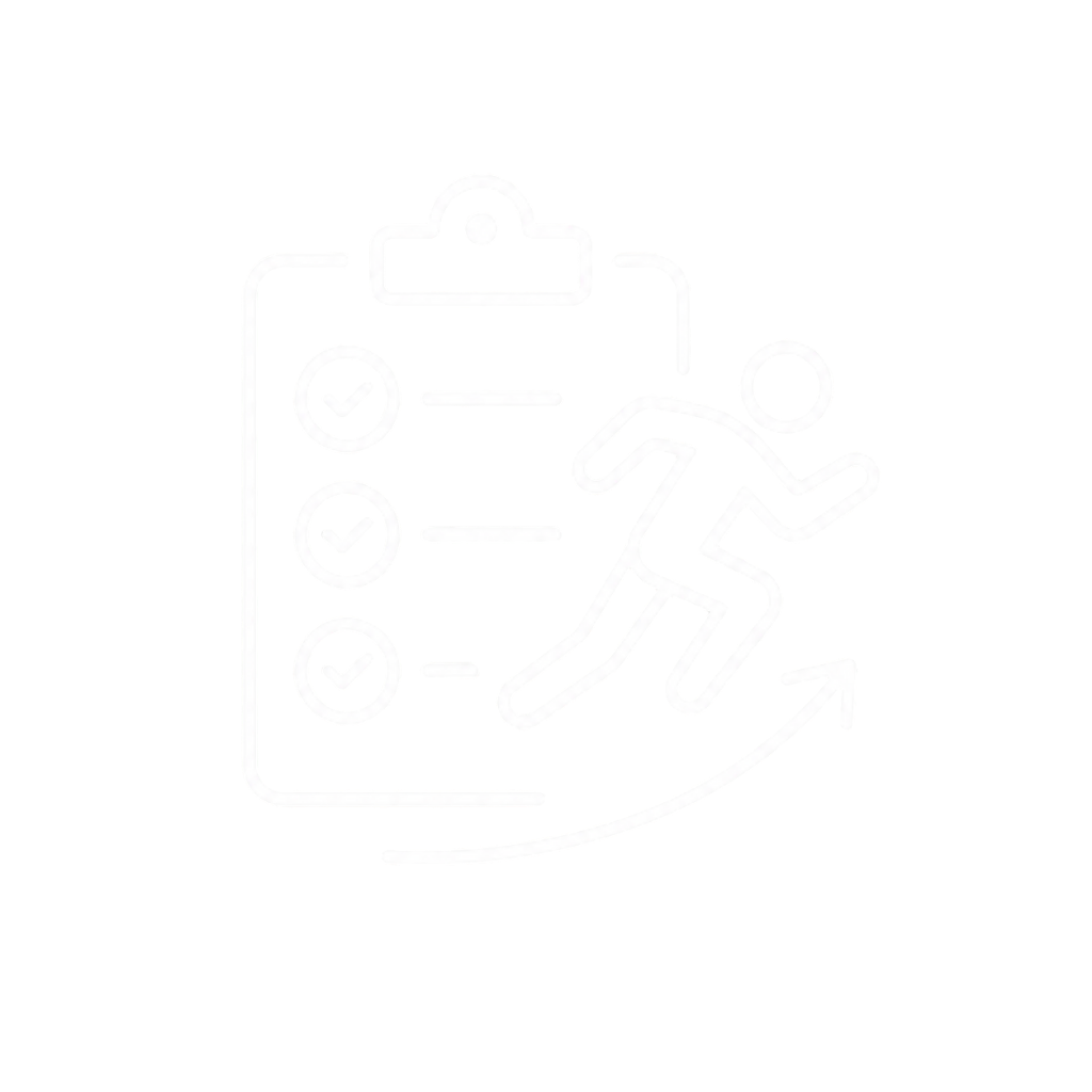 Outline icon of a person running next to a checklist on a clipboard, with an arrow indicating progress or upward movement.