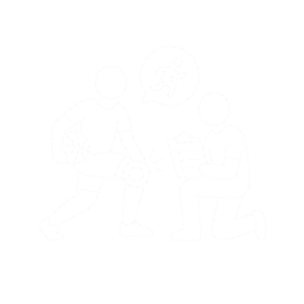 Neon outline of a person with a basketball kneeling, another person with a clipboard kneeling in front, and a speech bubble with a running figure